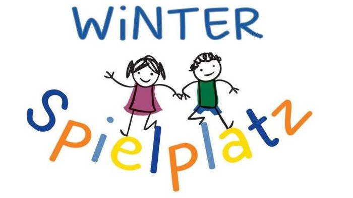 Zwei Kinder spielen im Winter, "Winterspielplatz" steht darüber
