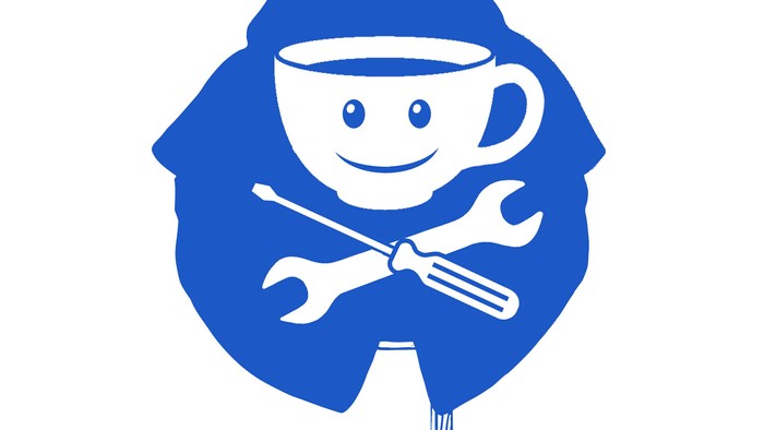 Ein blauer Löffel mit Gesicht und Werkzeugen unter einer Kapuze