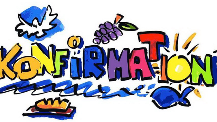 Farverige tegnede logo med ordet 'Konfirmation' og billeder af fiske, sol og hånd.