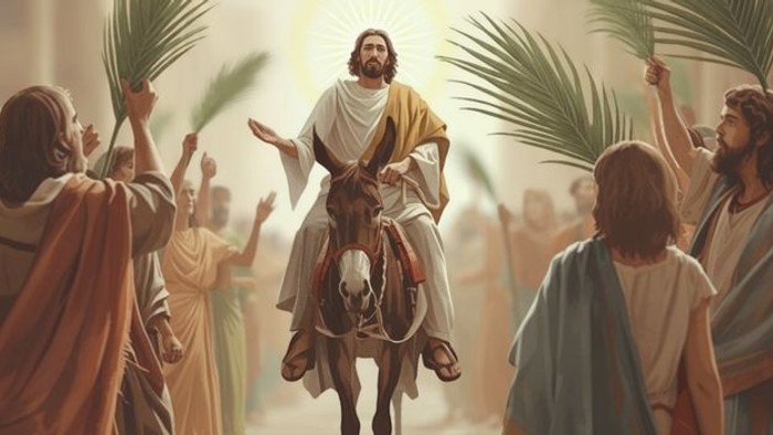 Ein triumphaler Umzug mit Jesus, der auf einem Esel reitet, umgeben von jubelnden Anhängern, die Palmzweige schwenken.
