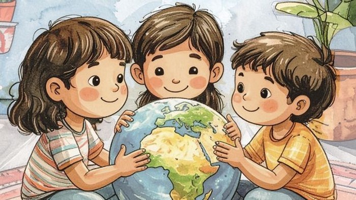 Drei fröhliche Kinder umarmen glücklich einen Globus, was Einheit und globales Bewusstsein symbolisiert.