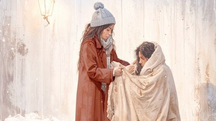 Zwei Frauen helfen sich gegenseitig mit Mänteln, eine trägt eine Mütze.