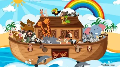 En ark med mange dyr, regnbuen og solen.