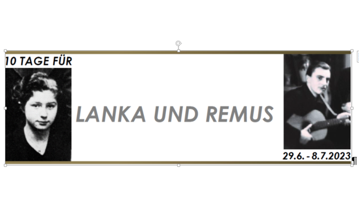 Postkarte mit zwei Fotos und Text "10 Tage für Lanka und Remus" und Datum "29.6.-8.7.2023"
