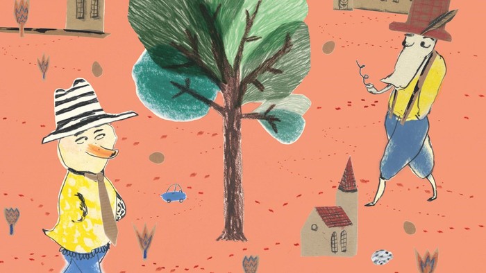 To dyr går på tur i en rød og grøn world