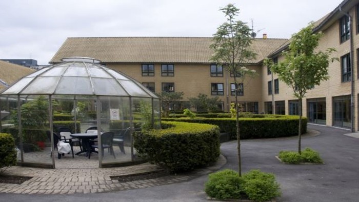 En lille glasspavillon i en courtyard med grønne planter og træer.