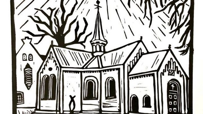 Sort-hvigt tegnelse af en kirke med tårn og nøgler og træer i baggrunden