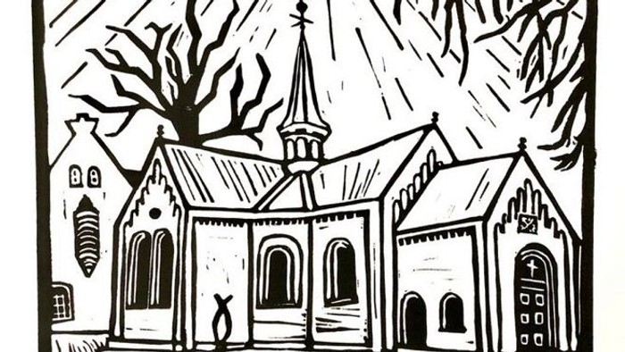 Sort-hvigt tegnelse af en kirke med tårn og nøgler og træer i baggrunden