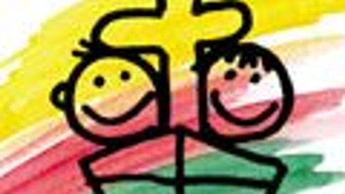 Das Bild zeigt ein buntes Logo mit einem Kindergesicht und dem Text "Kirche mit Kindern".