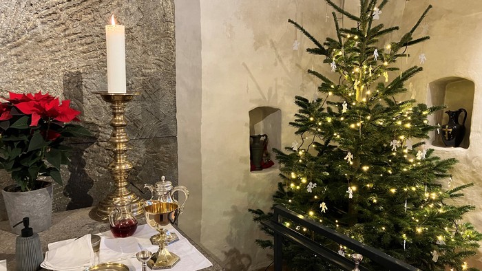 En juletidsscene med lysende juletree og guldfarvet tegnøse på bordet
