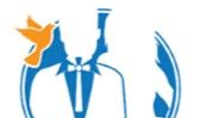 Et blå logo med en fugl og en person i sirkel.