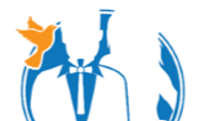 Et blå og orange logo med en stiliseret fugl og skriveværktøj.