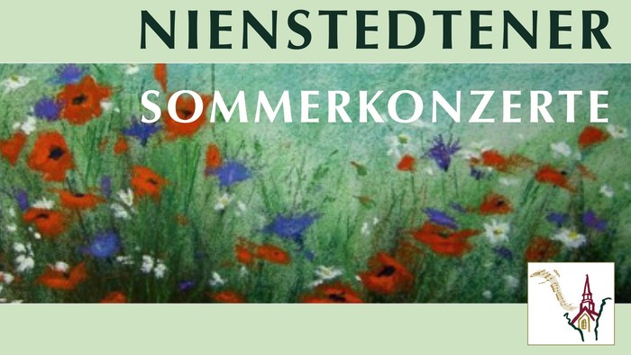 Bunter Blumenfeld mit roter und blauer Blumen, Text: "NIENSTEDTENER SOMMERKONZERTE"