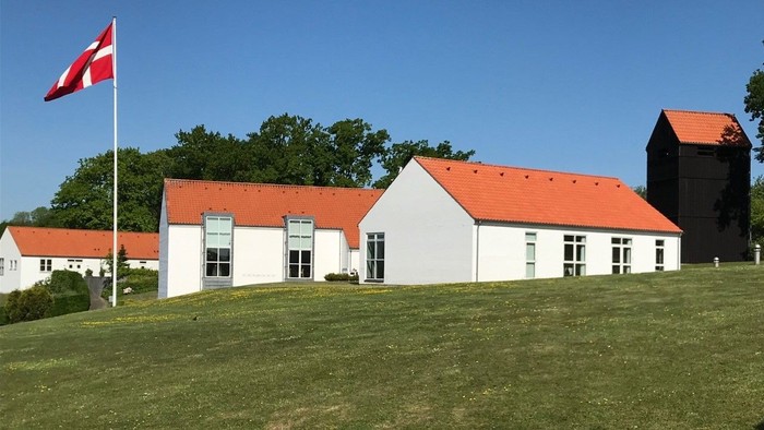 Hus med røde tag og dansk flag på en grøn eng