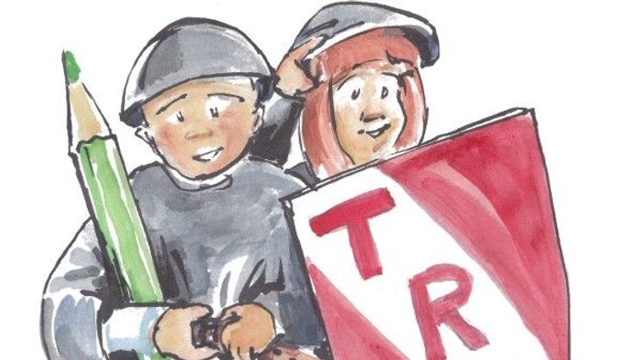 To børn med skjold og penner