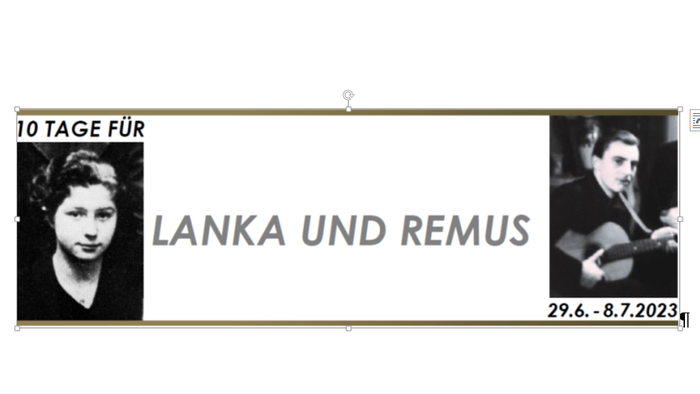 Postkarte mit zwei Fotos und Text "10 Tage für Lanka und Remus" und Datum "29.6.-8.7.2023"