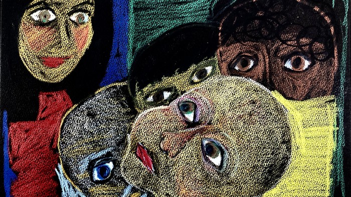 Billedet viser fire udtryksfulde ansigter i en farverig og urolig stil.