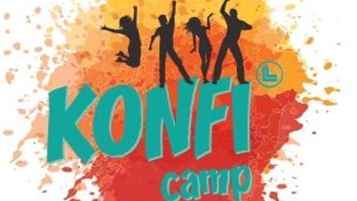 Dynamisches Logo für Konfi-Camp mit farbenfrohem Splash und tanzenden Silhouetten