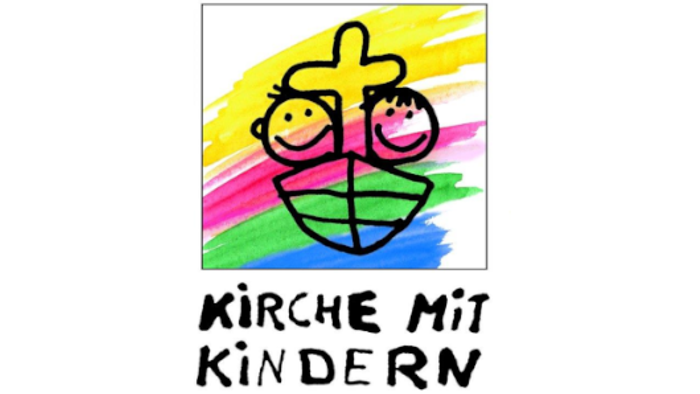 Buntes Logo mit zwei Kindern und Kreuz, darunter der Text "Kirche mit Kindern"
