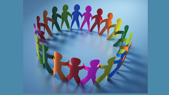 Farbenfrohe Menschenfiguren im Kreis, darunter der Text "überkonfessioneller Gesprächskreis"