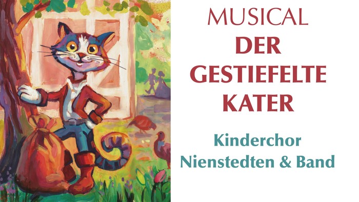 Ein bunter Kater steht vor einem Fenster, umrahmt von Text in Deutsch