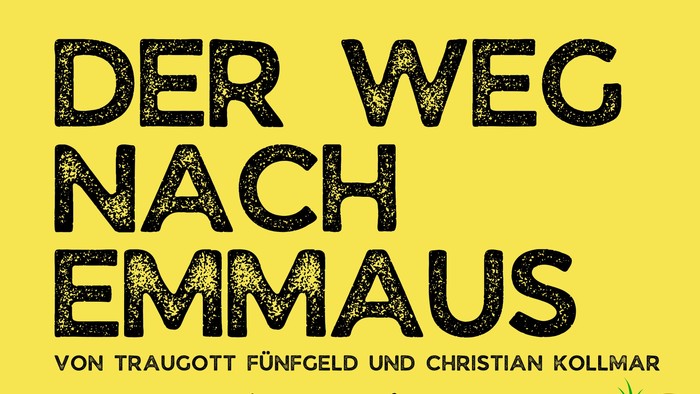 Das Plakat wirbt für eine Musical-Veranstaltung "Der Weg nach Emmaus" von Traugott Föhnfeld und Christian Kollmar, die am 2. Juli 2023 stattfindet.