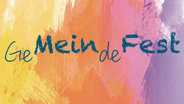 Bunte Aquarell-Hintergrund mit dem Text "Gemeindefest" in verschiedenen Schriftarten und Farben.