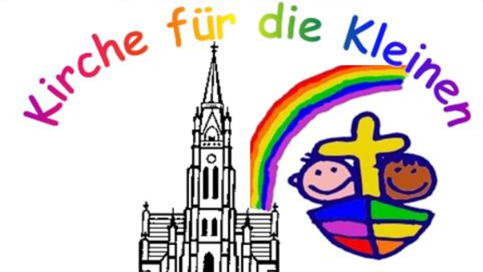 Das Bild zeigt eine Kirche mit einem Regenbogen und zwei Kindern darunter mit dem Text "Kirche für die Kleinen".