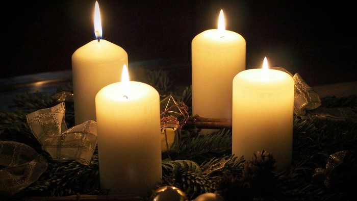 Firelyse på en mørk baggrund med grønne grenar og nødder.