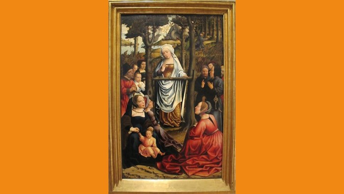 Billedet viser en religiøs scene med several figurer i traditionelle klæder.