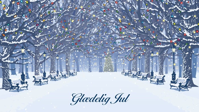 Vinterlandskab med lys og glædelig jul