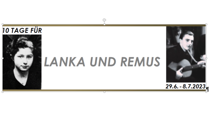 Postkarte mit zwei Fotos und Text "10 Tage für Lanka und Remus" und Datum "29.6.-8.7.2023"