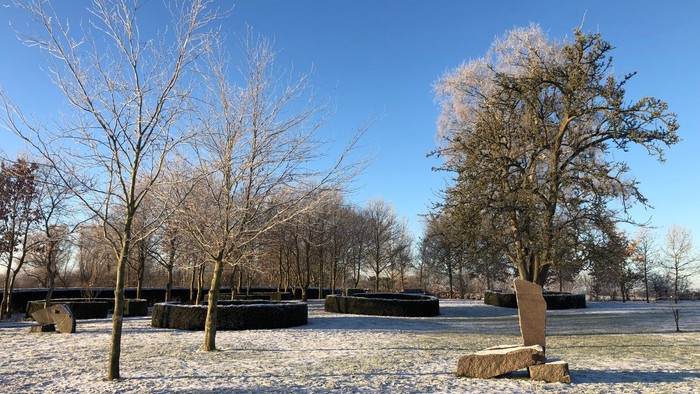 En snedækket park med nøgler og træer