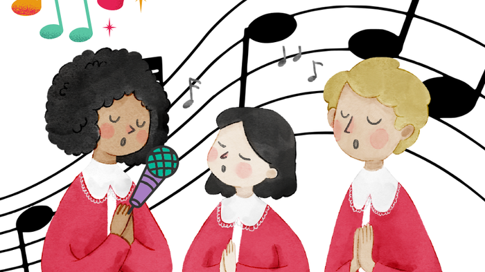 Tre jubilere synger i kor med mikrofoner og noter i baggrunden