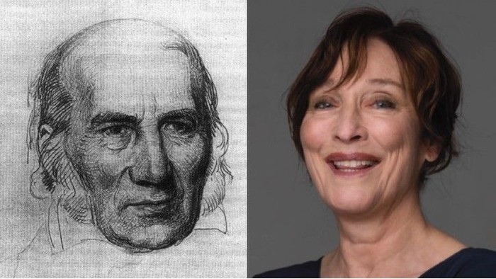 Billedet viser en kontrast mellem en tegning af en gammel mand fra 1847 og en foto af AnnMari Max Hansen fra 2020