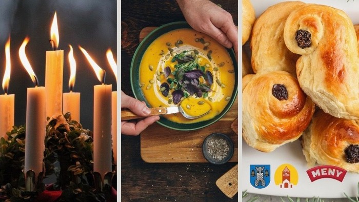 Billede viser lysende lysekøn, en ret med gule kugler og frugter, og en stak af smørdegn med mærke MENY.