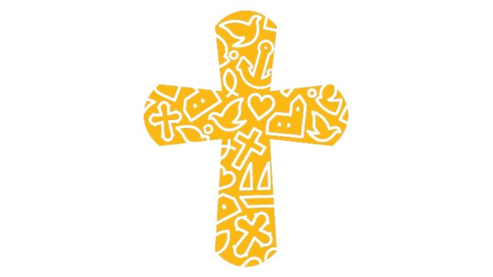 Gul korsformet symbol med diverse tegnninger.