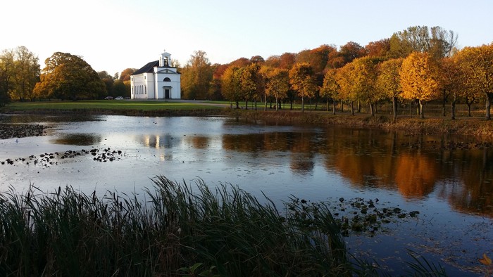 En sød park med en lille sø og et hvidt hus i baggrunden omgivet af efterårsfarvede træer