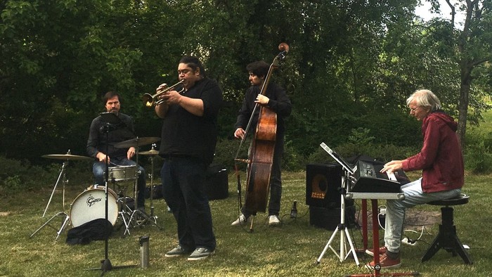 Eine Band spielt im Freien, vier Musiker mit verschiedenen Instrumenten auf einer Wiese.