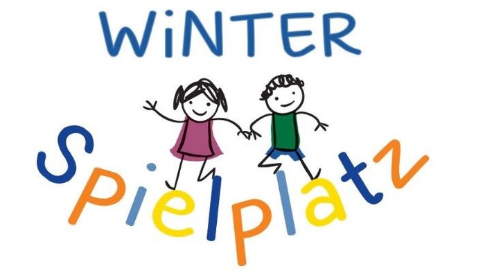 Zwei Kinder spielen im Winter, "Winterspielplatz" steht darüber