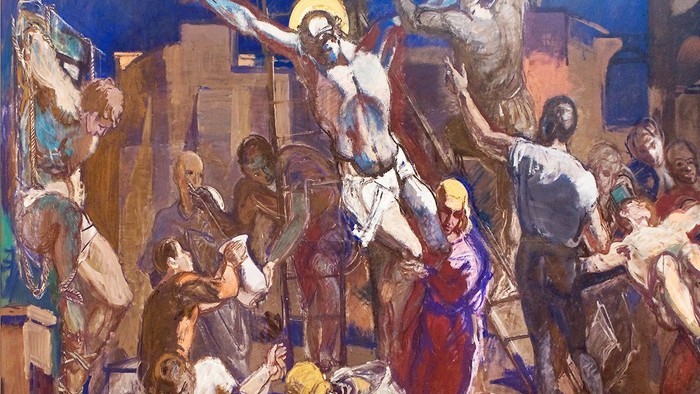 Billedet forestiller en dramatisk scene med en korsfæstning, hvor Jesus Kristus er centralt placeret på korset.