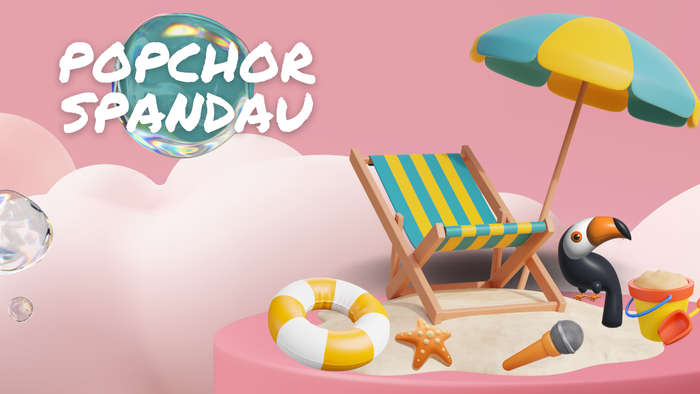 Ein bunter Strandurlaub mit Sonnenschirm, Liegestuhl und aufblasbaren Spielzeugen vor rosa Wolkenhintergrund