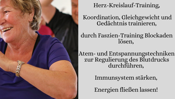 Seniorenfitness mit Stuhl - Freude an Bewegung! Gemeinsam bewegen, Herz-Kreislauf-Training, Koordination, Gleichgewicht und Gedächtnis trainieren, durch Fazien-Training Blockaden lösen, Atem- und Entspannungstechniken zur Regulierung des Blutdrucks durchf