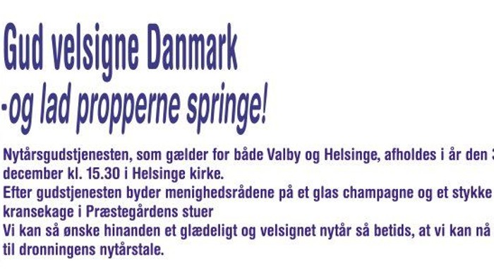 Billede af champagneflaske og glas med tekst om arrangement i Valby.