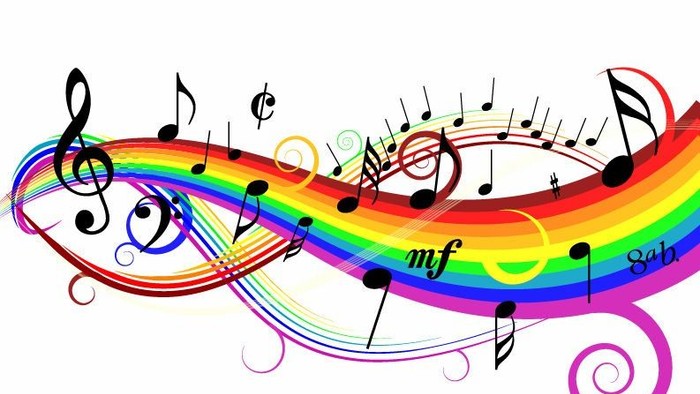 Colorful musical notes and symbols intertwined in a dynamic, flowing design.