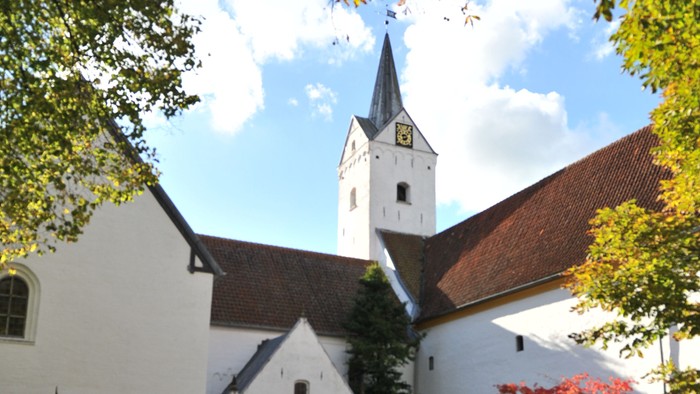 En hvid kirke med tårn og træer med faldne blade.