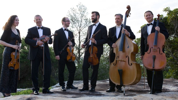 Eine Gruppe von Musikern posiert mit ihren Streichinstrumenten im Freien