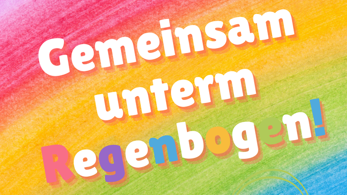 Bunter Flyer für Kinderaktivität mit Regenbogen und Text "Gemeinsam unterm Regenbogen!"