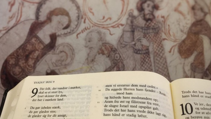 En åben bog med teksten på dansk, placeret på et mønstrede tæpper.