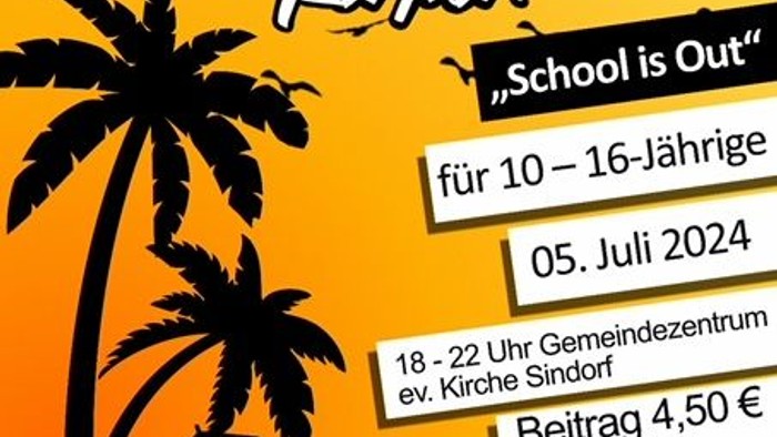 Plakat für eine Beach-Party am 05. Juli 2024 für 10-16-Jährige mit Details zur Anmeldung und Preisen